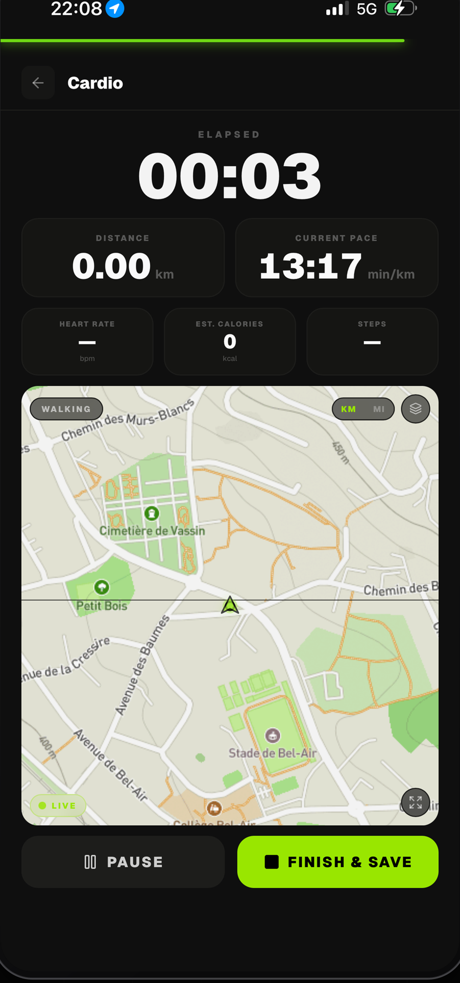 Apex GPS cardio screen with a live route map on a phone