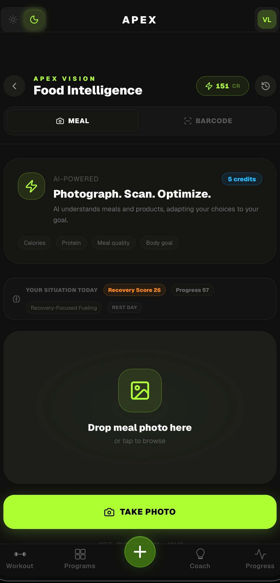 Apex food scan screen analyzing a meal photo on a phone