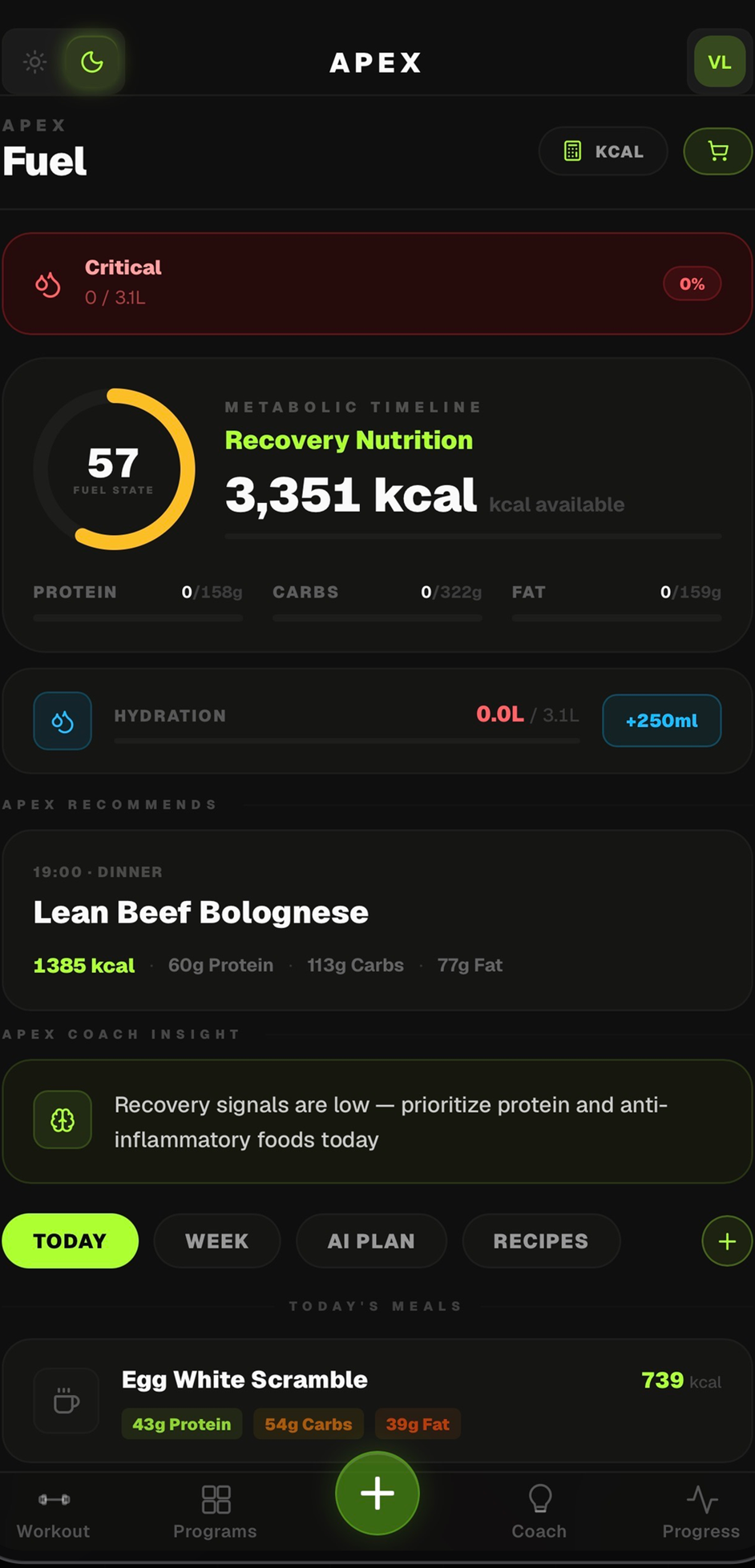 Apex nutrition dashboard with calories and macros on a phone