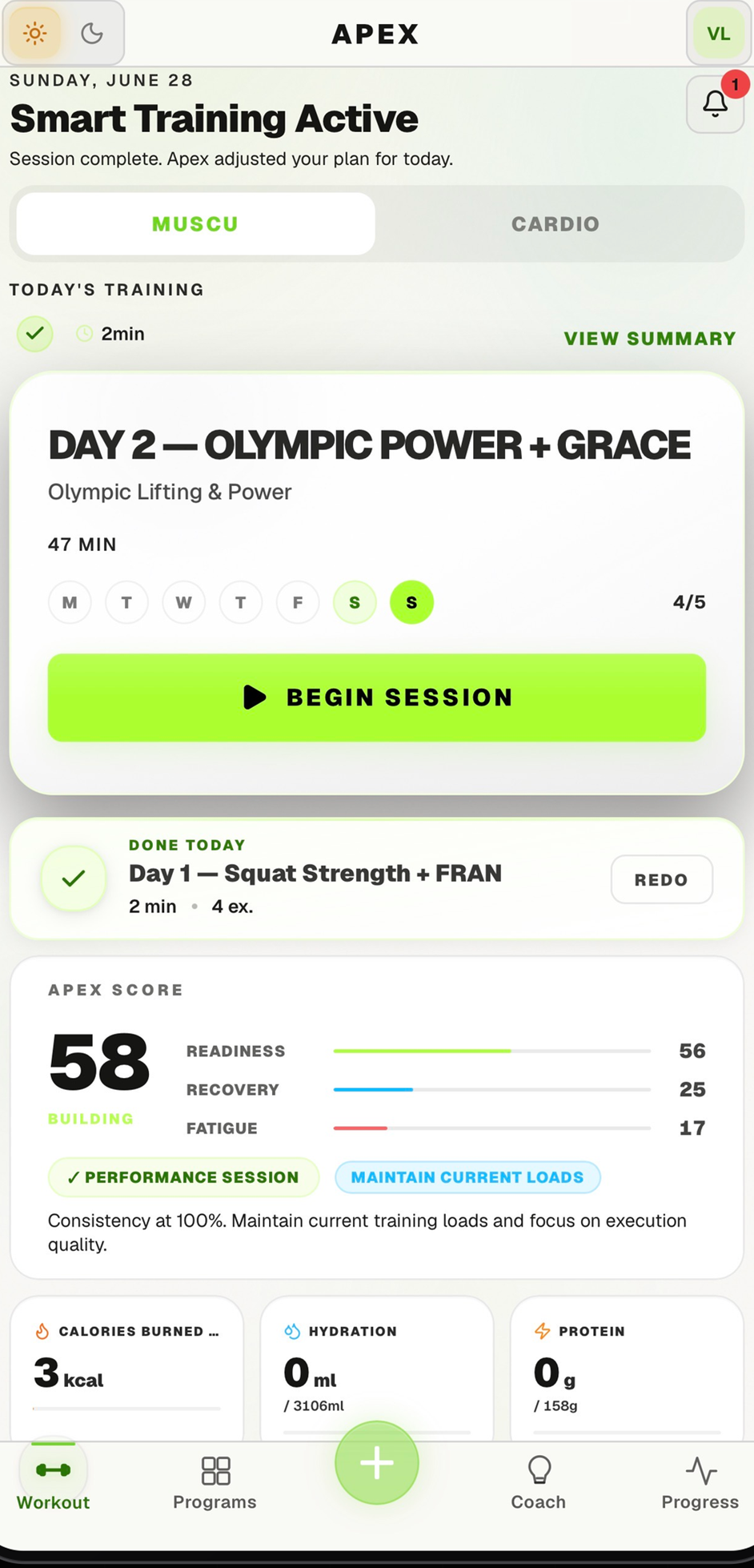 Apex smart training screen showing the daily Apex Score on a phone